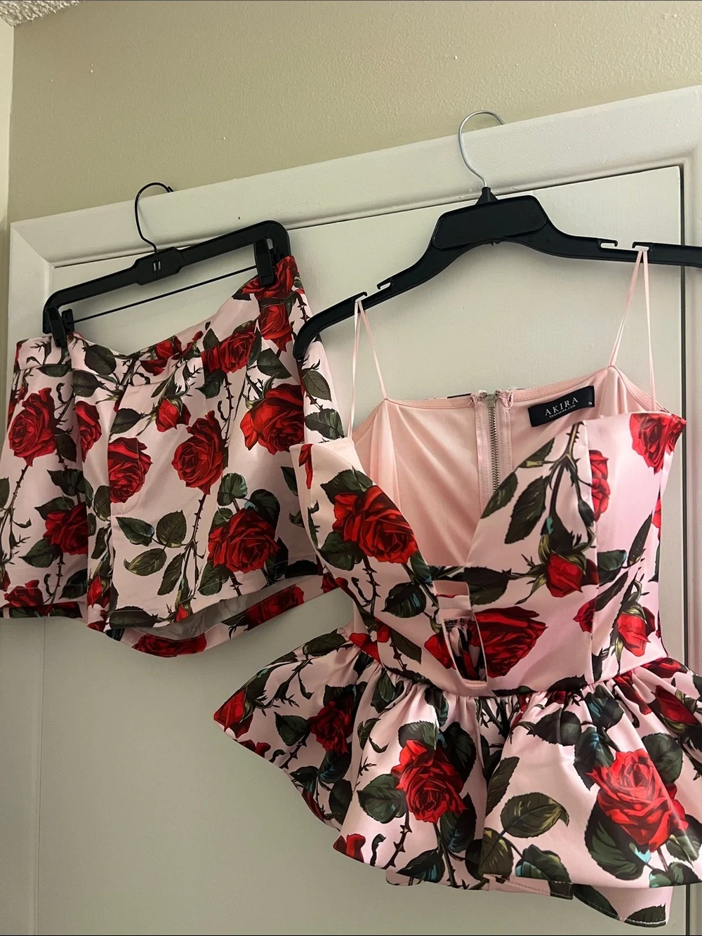 AKIRA Pink and Red Rose Print Peplum Bustier with Matching Skirt - Picture 1 of 7